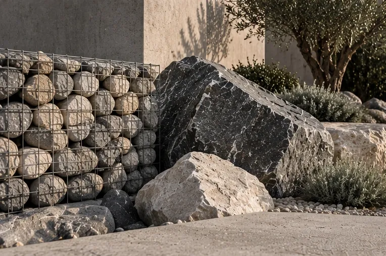 Gabion rempli de pierres accompagné de grands rochers dans un jardin paysager