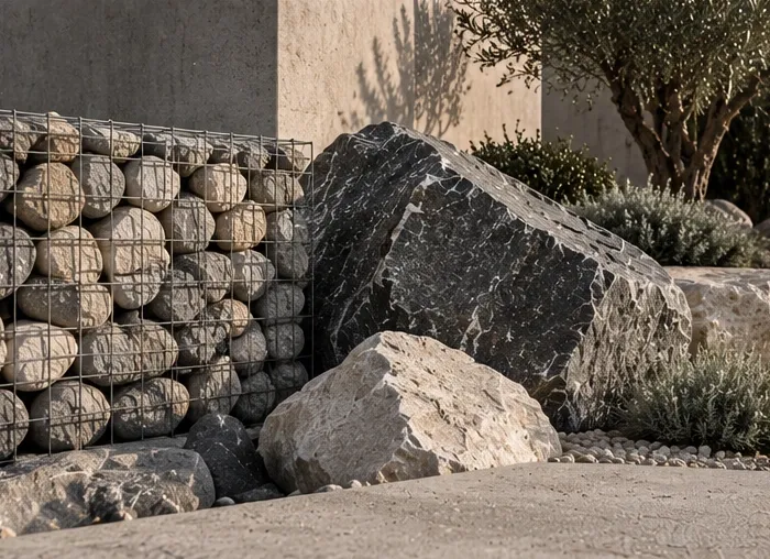 Gabion rempli de pierres et grands rochers dans un jardin minéral