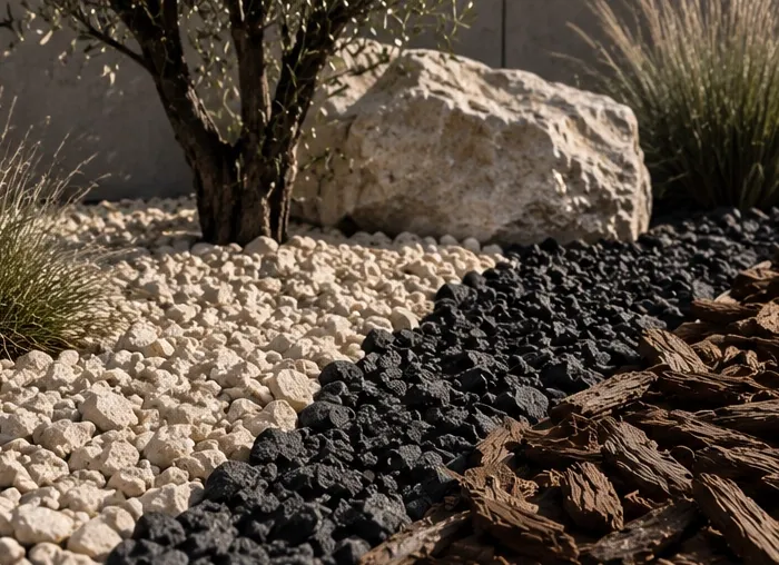 Granulats blancs et noirs disposés autour d’un olivier dans un jardin minéral