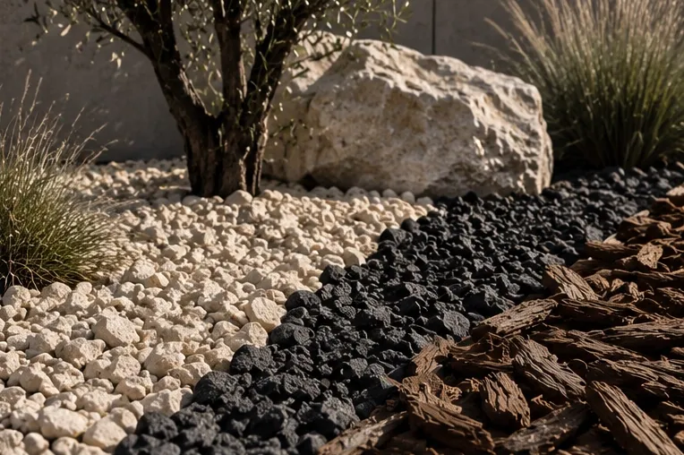 Alternance de paillage brun et de granulats décoratifs blancs et noirs