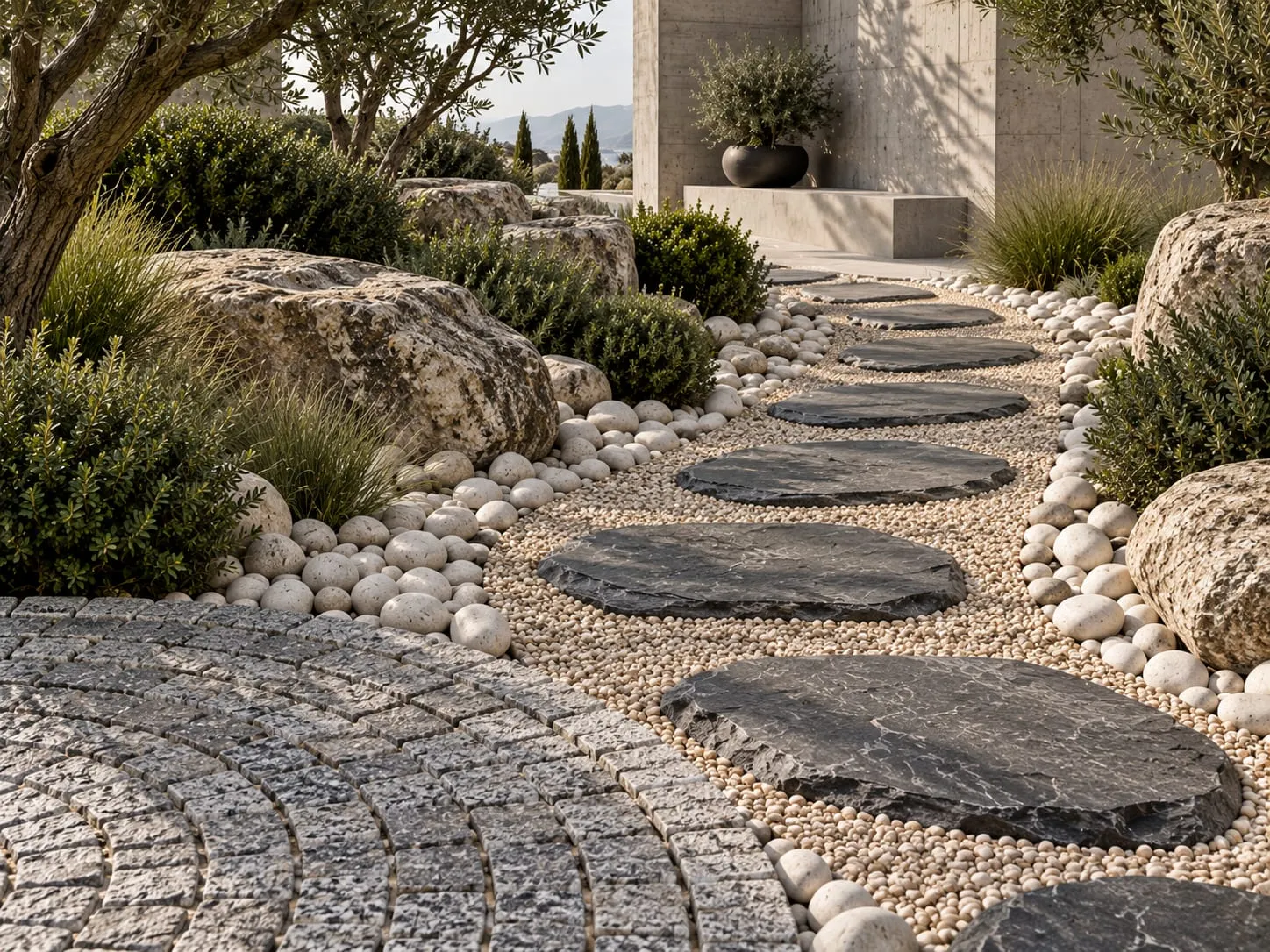 Jardin minéral avec pas japonais en ardoise, galets blancs et grands rochers naturels