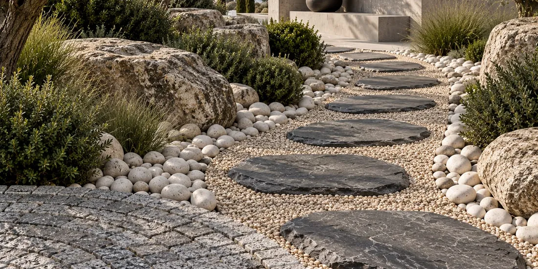 Jardin minéral avec pas japonais en ardoise, galets blancs et grands rochers naturels