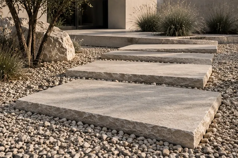 Grandes pierres claires formant un cheminement dans un jardin de gravier