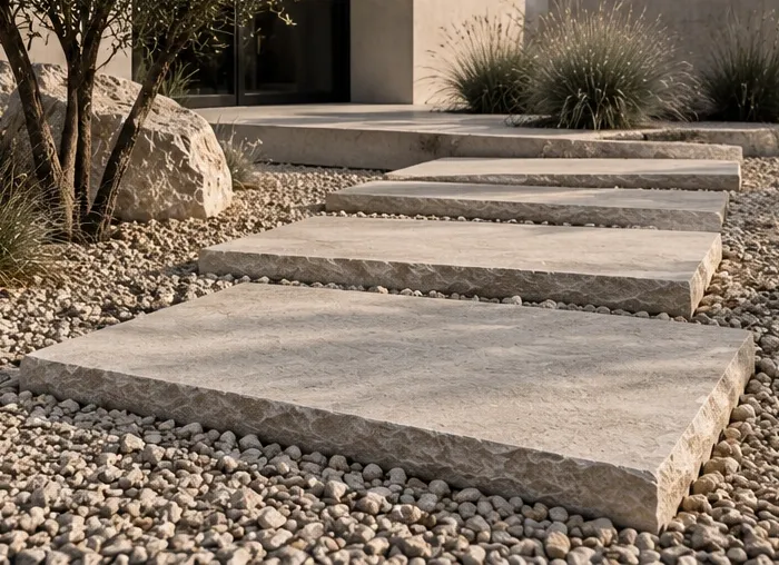 Grandes pierres claires formant un cheminement dans un jardin de gravier